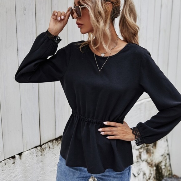 Open back babydoll long sleeve black blouse - Picture 6 of 6